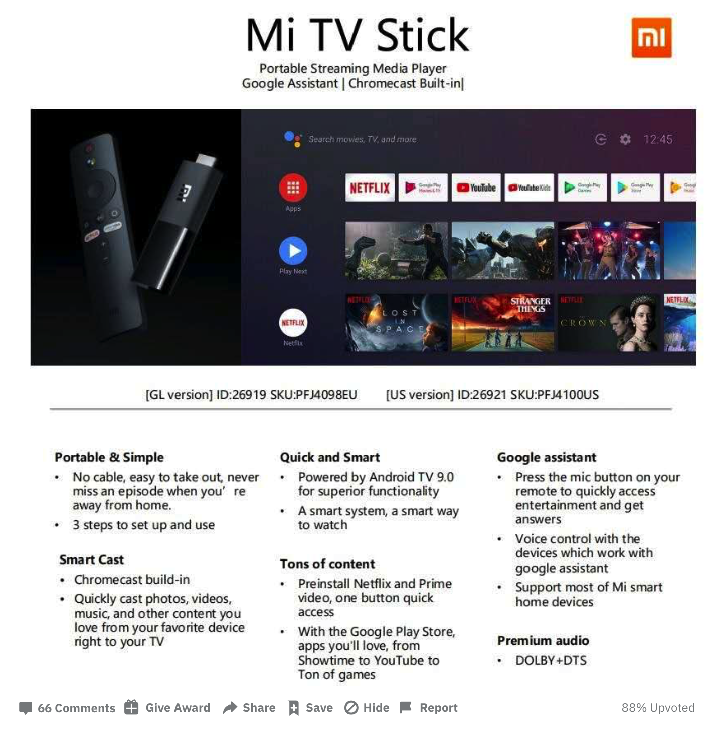 The Mi TV Stick will feature Android TV, Support for Dolby+DTS and one click installation of Netflix